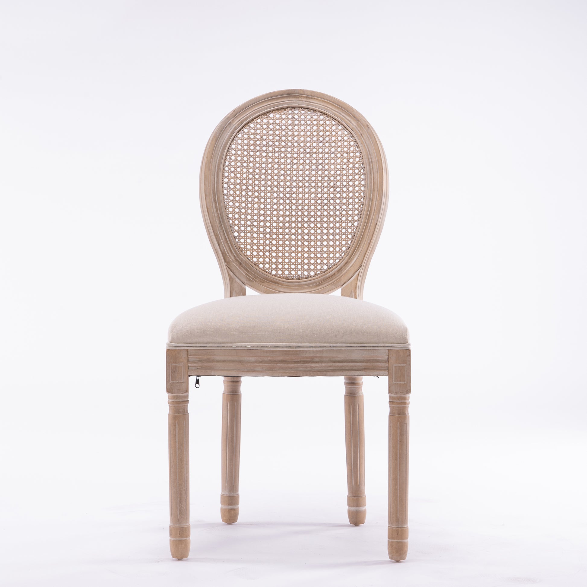 French Style Solid Wood Frame Linen Fabric Rattan Back Dining Chair,Set of 2, Beige image 11