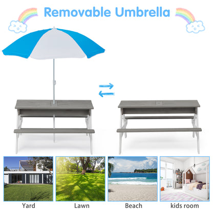 3-in-1 Kids Outdoor Wooden Picnic Table With Umbrella, Convertible Sand & Wate, Gray ASTM & CPSIA CERTIFICATION image 5