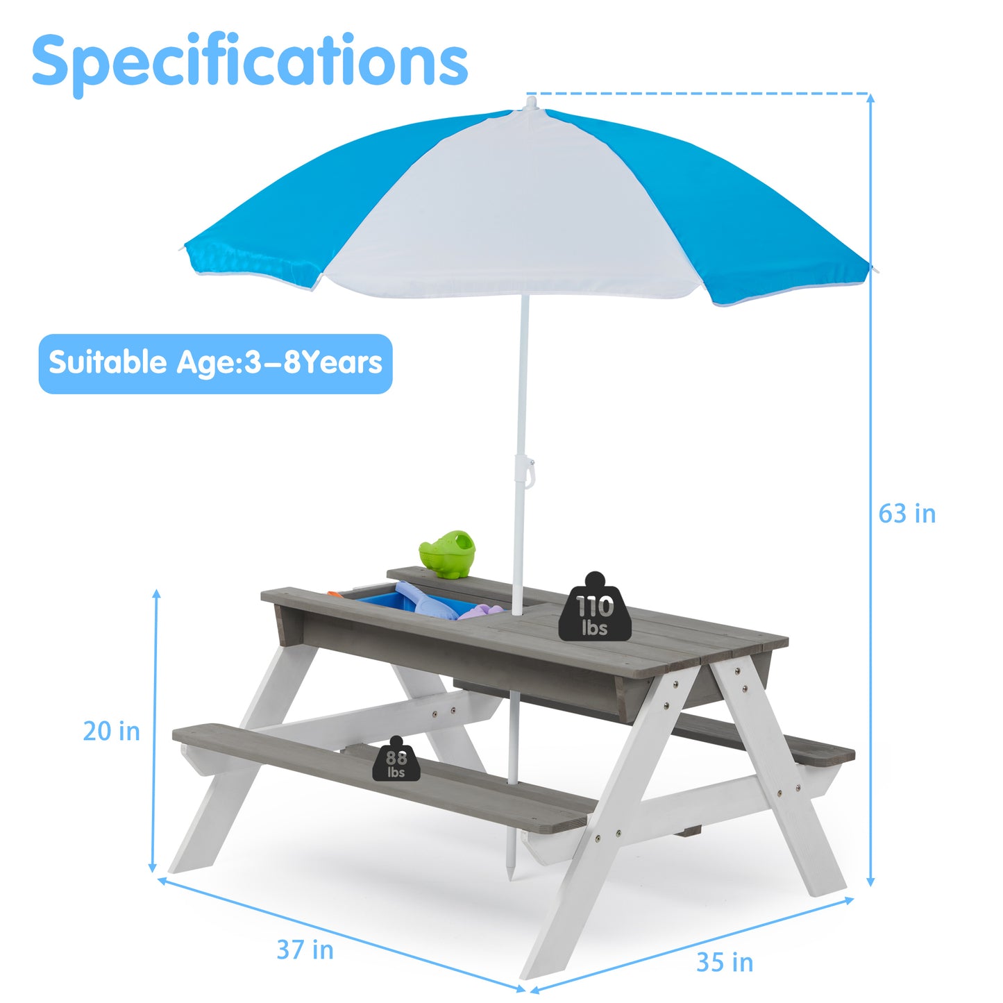 3-in-1 Kids Outdoor Wooden Picnic Table With Umbrella, Convertible Sand & Wate, Gray ASTM & CPSIA CERTIFICATION image 3