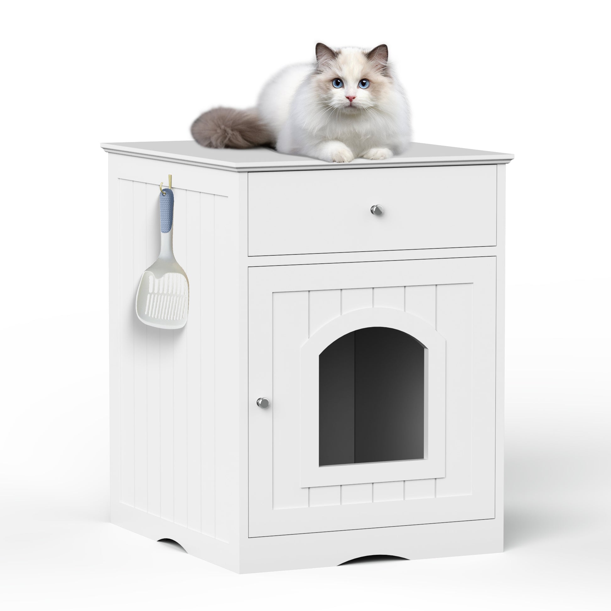 Wooden Pet House Cat Litter Box Enclosure with Drawer, Side Table, Indoor Pet Crate, Cat Home Nightstand (White) image 1