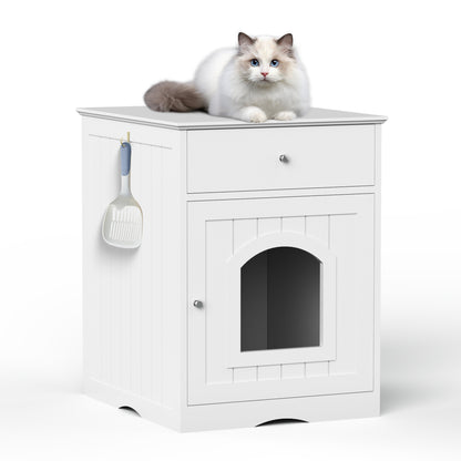Wooden Pet House Cat Litter Box Enclosure with Drawer, Side Table, Indoor Pet Crate, Cat Home Nightstand (White) image 1