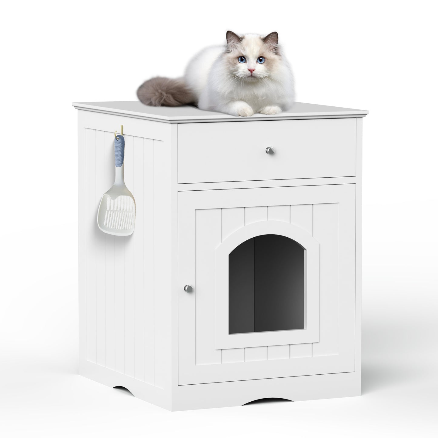 Wooden Pet House Cat Litter Box Enclosure with Drawer, Side Table, Indoor Pet Crate, Cat Home Nightstand (White) image 1