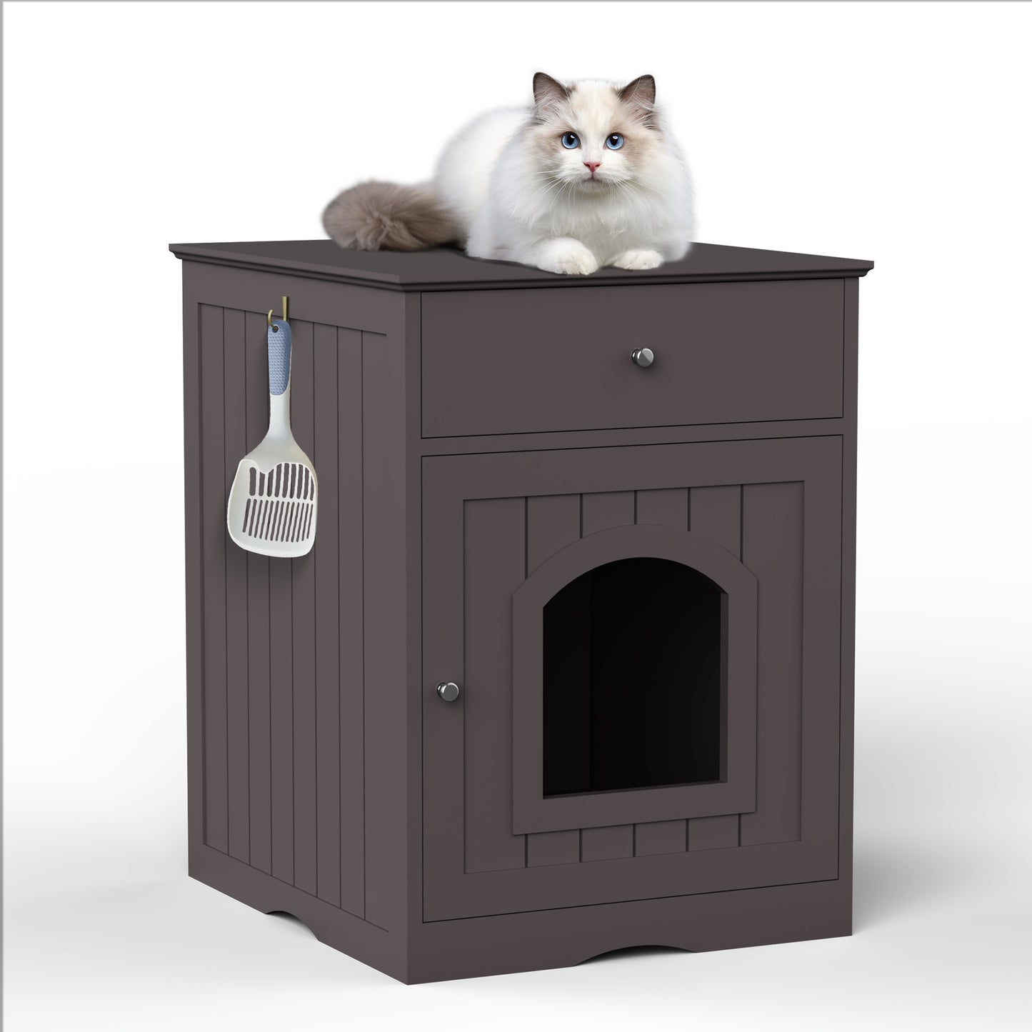Wooden Pet House Cat Litter Box Enclosure with Drawer, Side Table, Indoor Pet Crate, Cat Home Nightstand (Brown) image 1