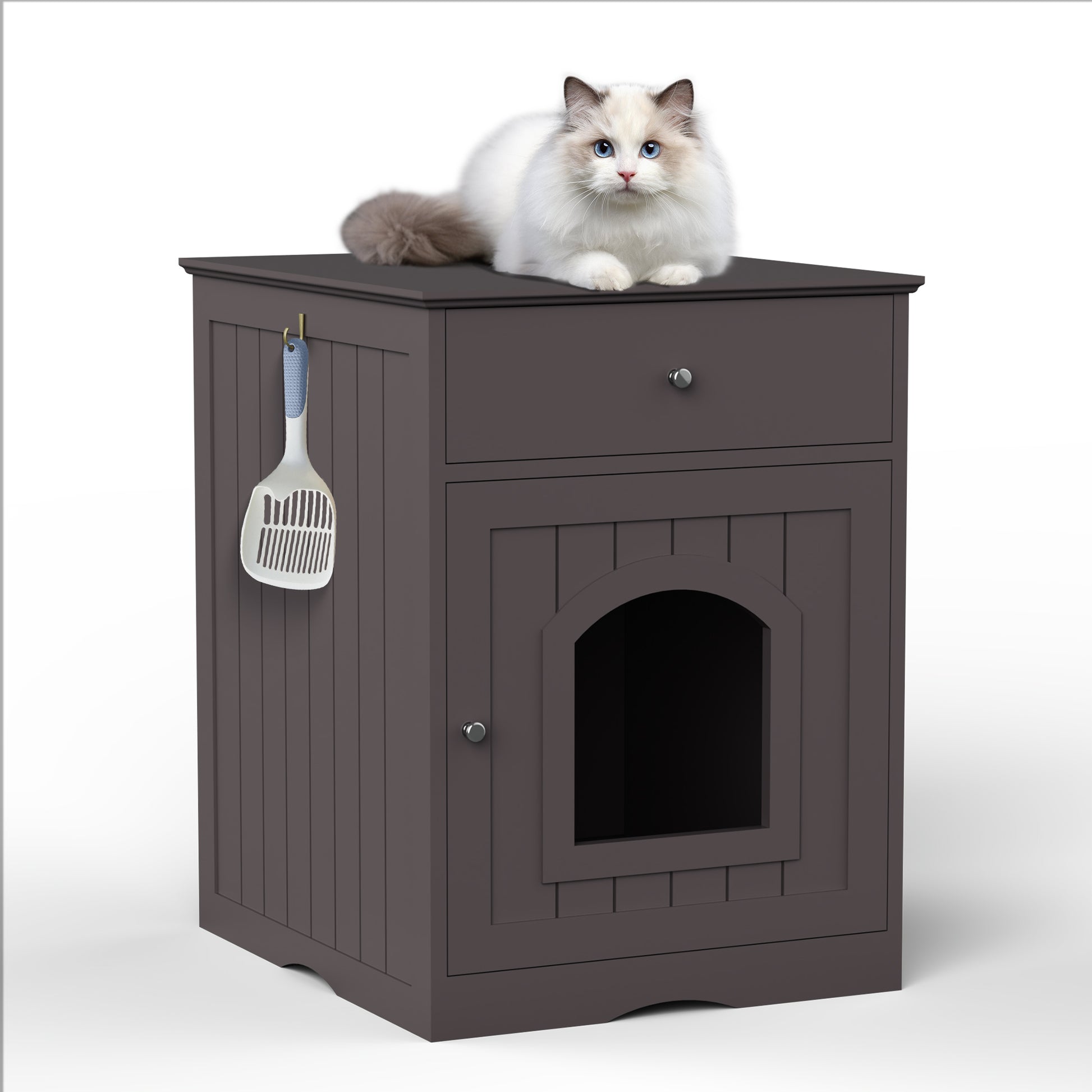 Wooden Pet House Cat Litter Box Enclosure with Drawer, Side Table, Indoor Pet Crate, Cat Home Nightstand (Brown) image 1