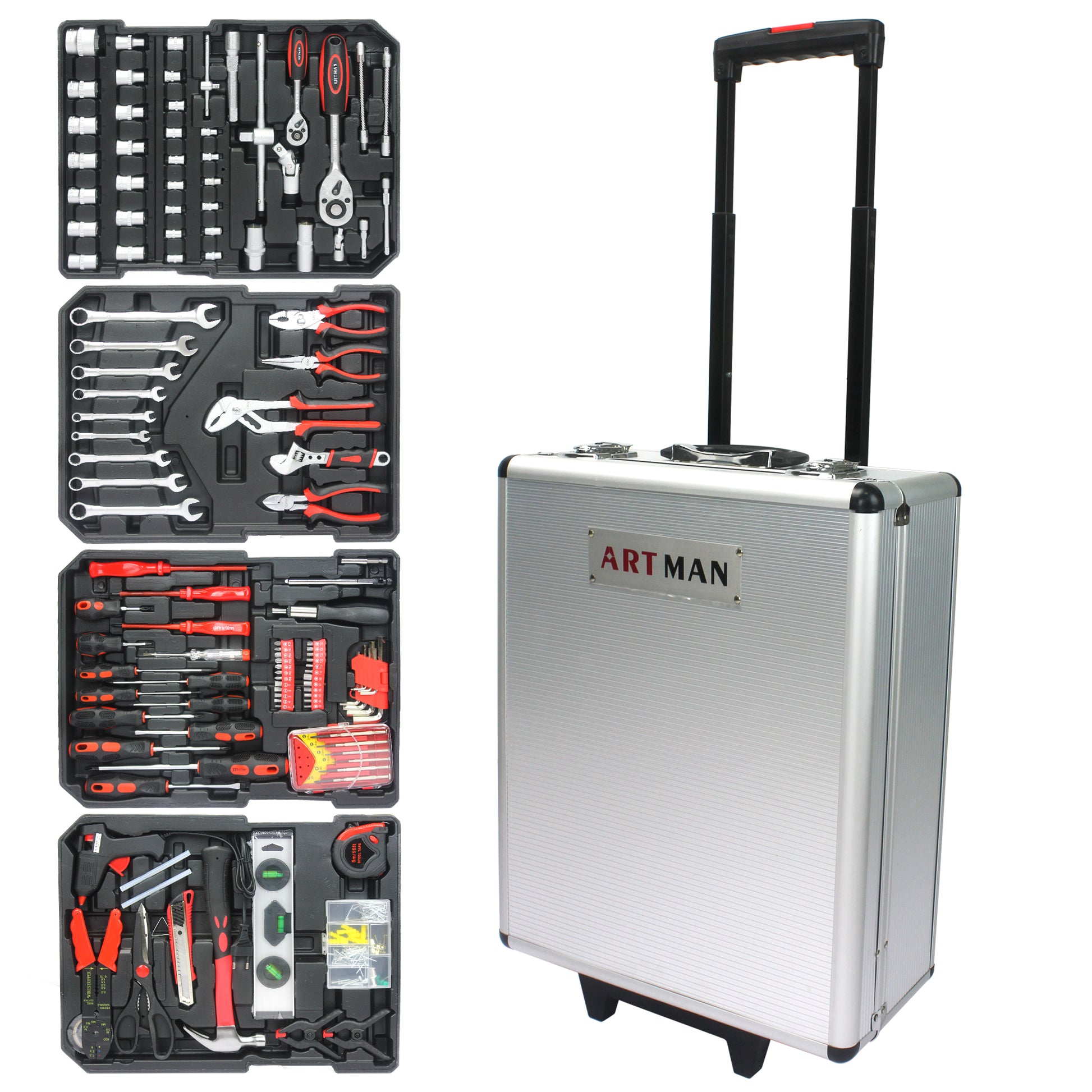 899pcs Home Repair Tool Set Kit, Toolbox Storage Case with 4 Drawers, General Household Tool Kit with Rolling Tool Box, Tool Set Kit for Maintenance, Garden, Homeowner, Handyman -Silver image 3