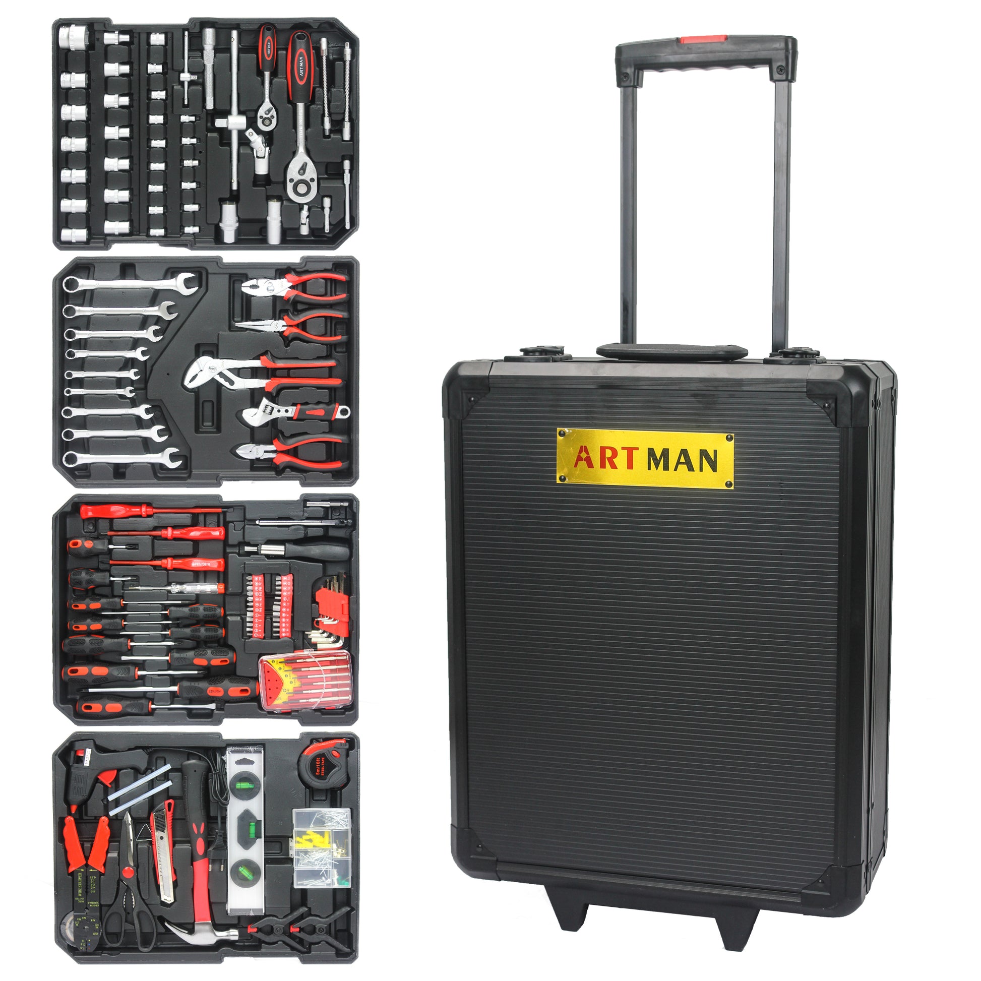 899pcs Home Repair Tool Set Kit, Toolbox Storage Case with 4 Drawers, General Household Tool Kit with Rolling Tool Box, Tool Set Kit for Maintenance, Garden, Homeowner, Handyman -Black image 5
