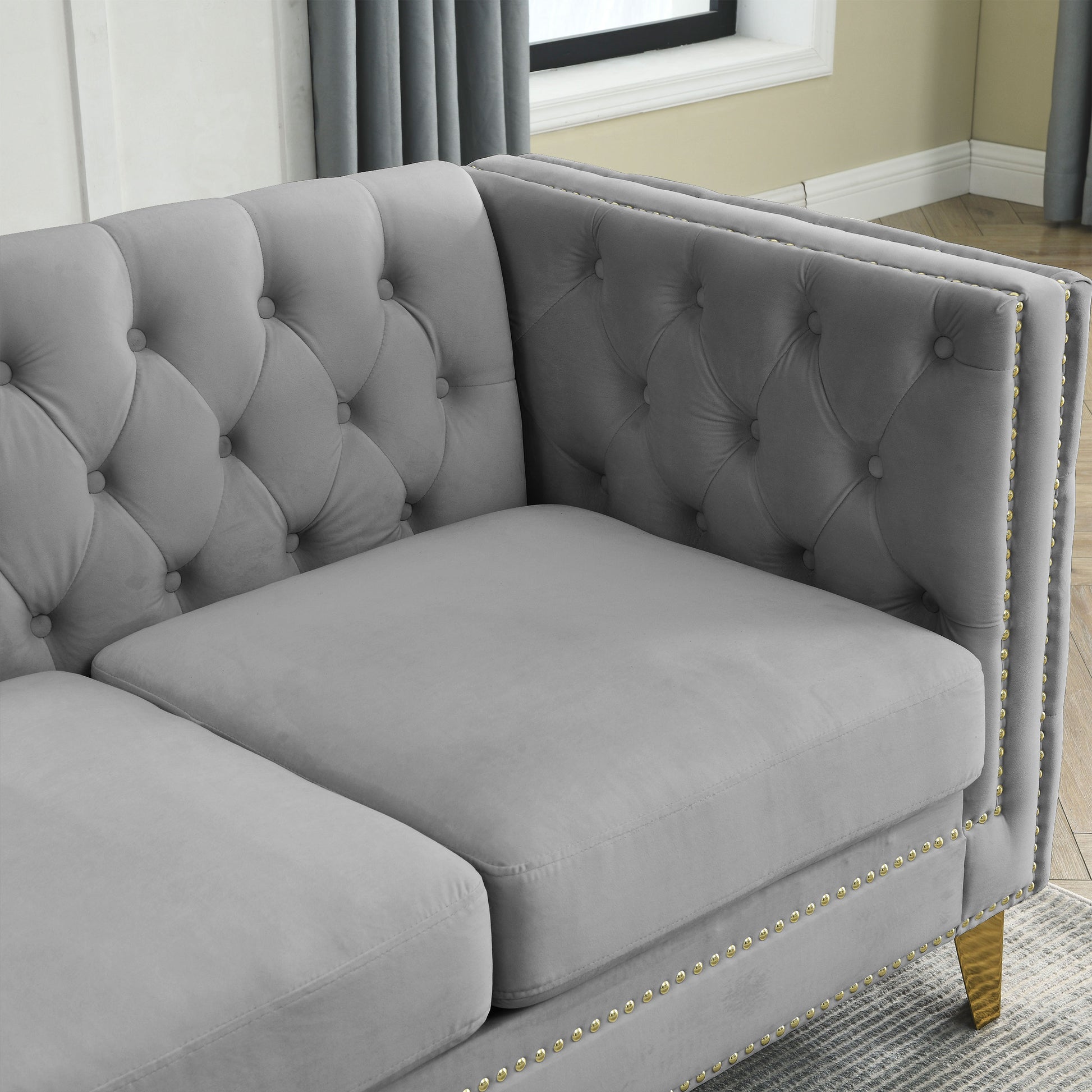 {Contact us for 3D modeling} Velvet Sofa for Living Room,Buttons Tufted Square Arm Couch, Modern Couch Upholstered Button and Metal Legs, Sofa Couch for Bedroom, Grey Velvet(W834S00020) image 9