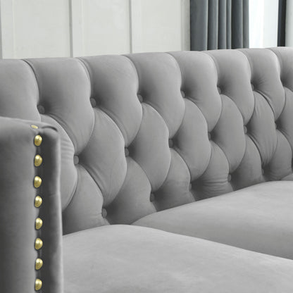 {Contact us for 3D modeling} Velvet Sofa for Living Room,Buttons Tufted Square Arm Couch, Modern Couch Upholstered Button and Metal Legs, Sofa Couch for Bedroom, Grey Velvet(W834S00020) image 10