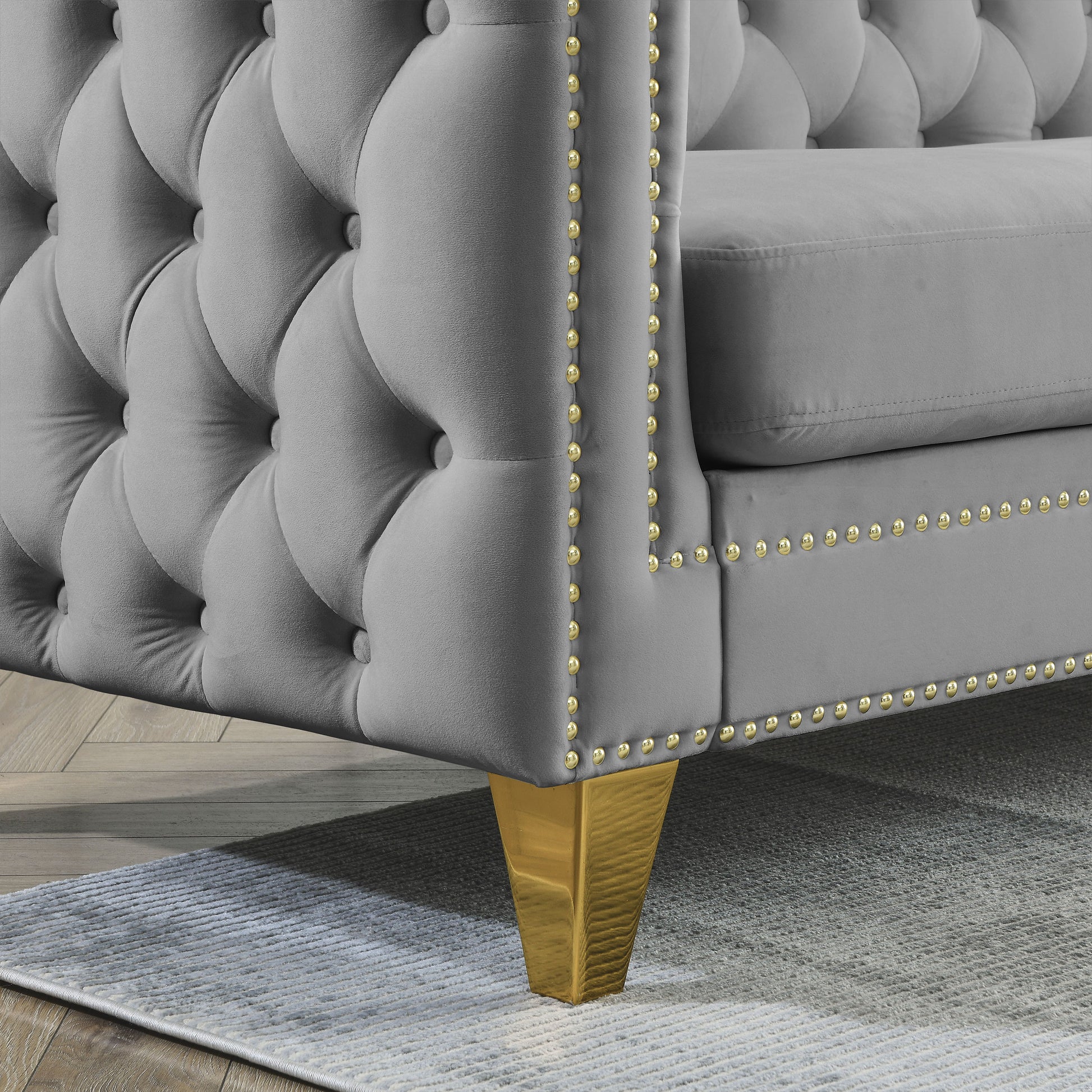 {Contact us for 3D modeling} Velvet Sofa for Living Room,Buttons Tufted Square Arm Couch, Modern Couch Upholstered Button and Metal Legs, Sofa Couch for Bedroom, Grey Velvet(W834S00020) image 8