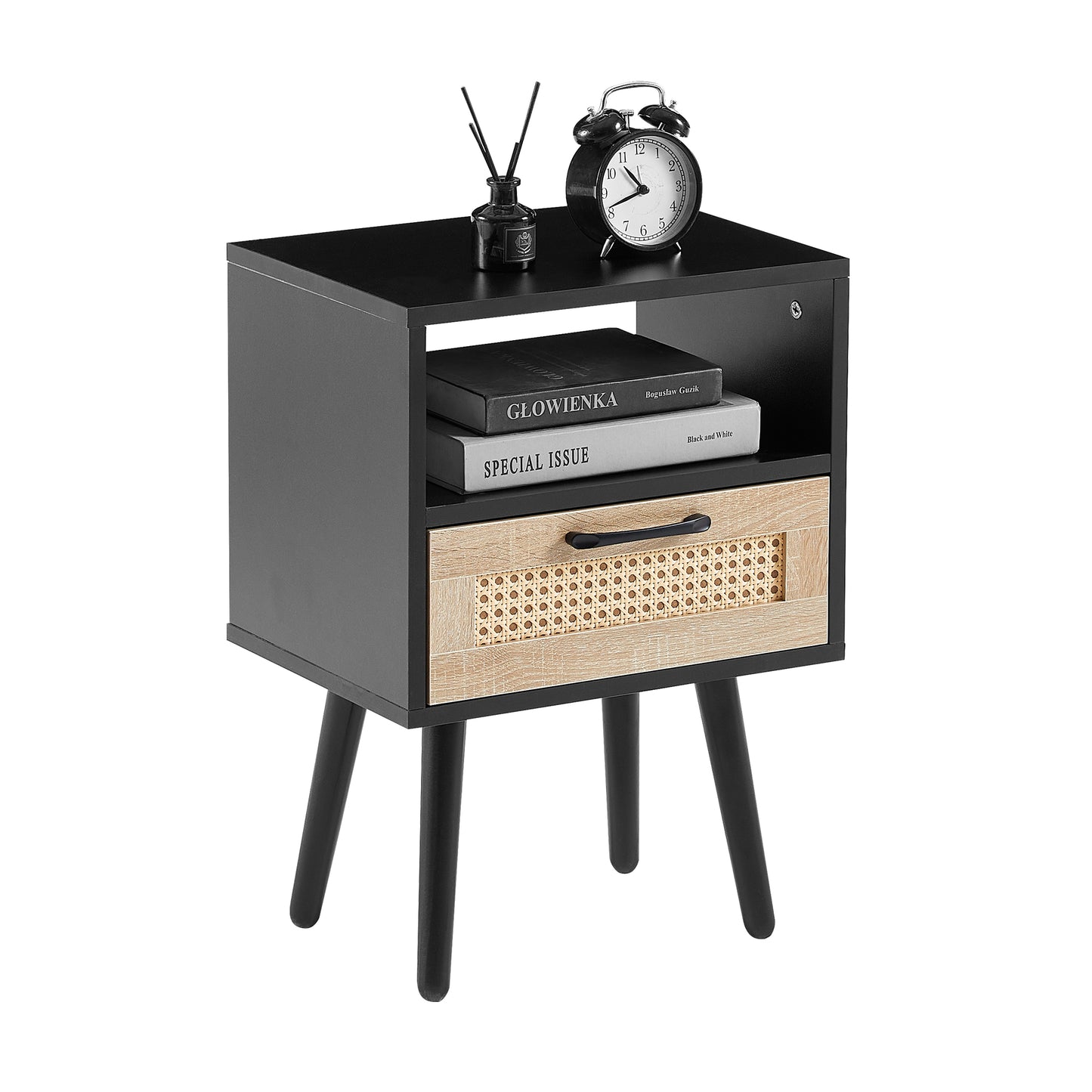 15.75" Rattan End table with drawer and solid wood legs, Modern nightstand, side table for living room, bedroom, black image 5