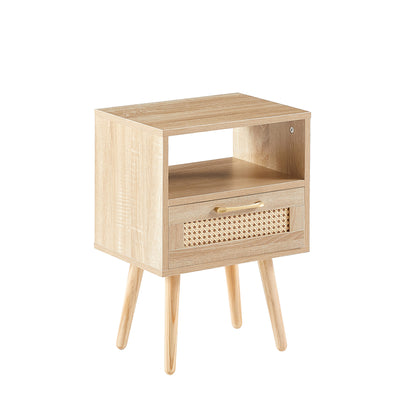 15.75" Rattan End table with drawer and solid wood legs, Modern nightstand, side table for living room, bedroom,natural image 8