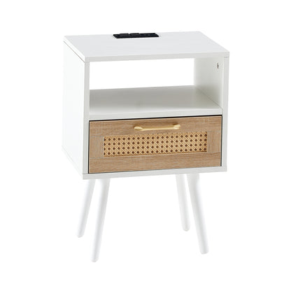 15.75" Rattan End table with Power Outlet & USB Ports, Modern nightstand with drawer and solid wood legs, side table for living room, bedroom, white image 7