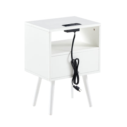 15.75" Rattan End table with Power Outlet & USB Ports, Modern nightstand with drawer and solid wood legs, side table for living room, bedroom, white image 12