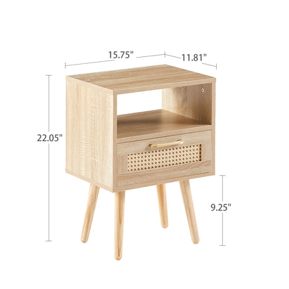 15.75" Rattan End table with drawer and solid wood legs, Modern nightstand, side table for living room, bedroom,natural image 3