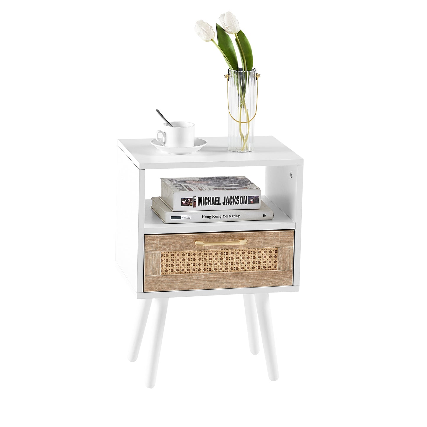 15.75" Rattan End table with drawer and solid wood legs, Modern nightstand, side table for living room, bedroom, white image 5