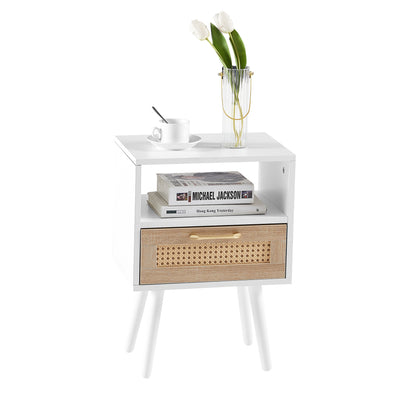 15.75" Rattan End table with drawer and solid wood legs, Modern nightstand, side table for living room, bedroom, white image 5