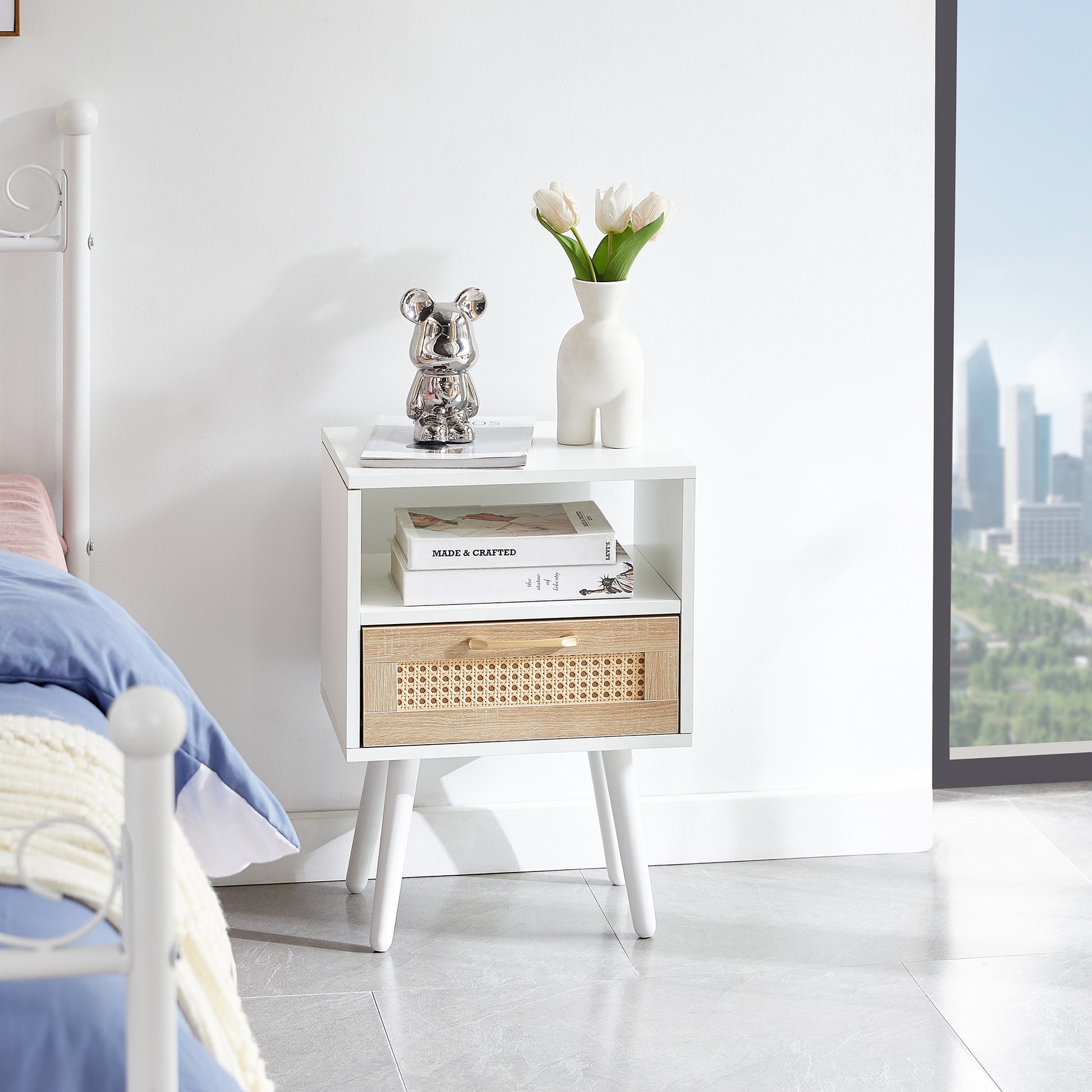 15.75" Rattan End table with drawer and solid wood legs, Modern nightstand, side table for living room, bedroom, white image 1