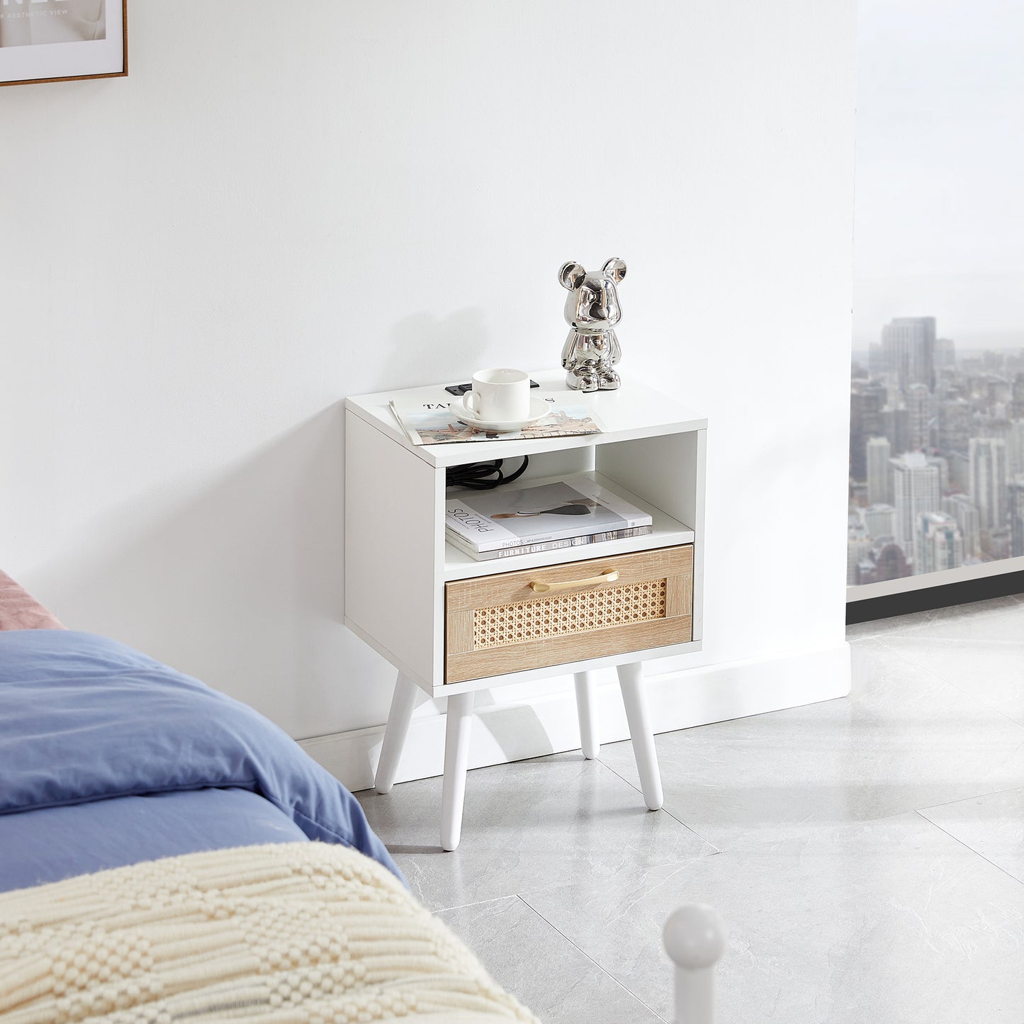 15.75" Rattan End table with Power Outlet & USB Ports, Modern nightstand with drawer and solid wood legs, side table for living room, bedroom, white image 1