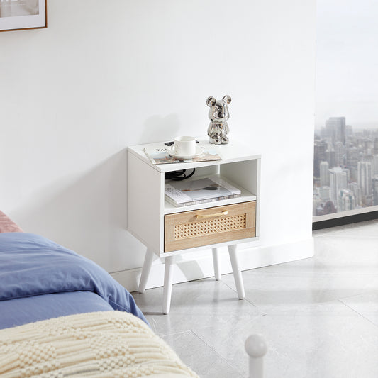 15.75" Rattan End table with Power Outlet & USB Ports, Modern nightstand with drawer and solid wood legs, side table for living room, bedroom, white image 1