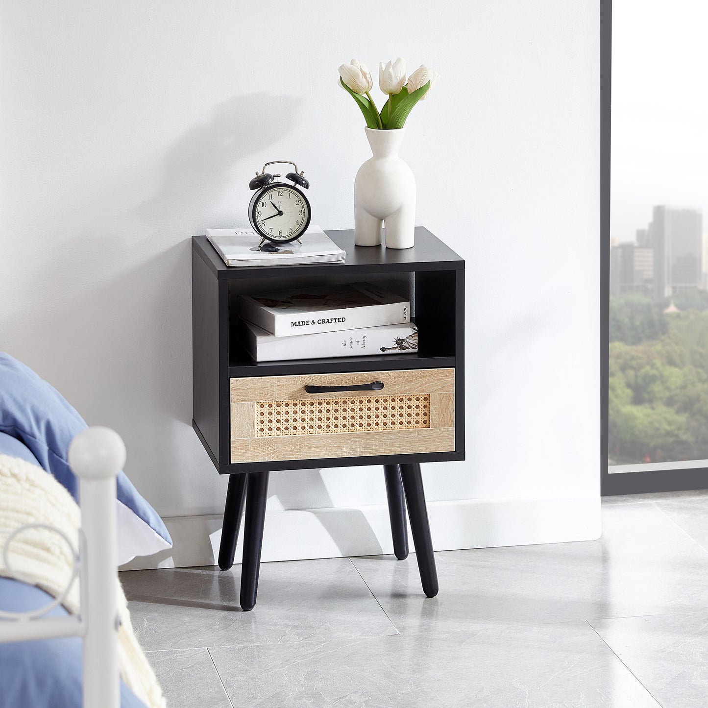 15.75" Rattan End table with drawer and solid wood legs, Modern nightstand, side table for living room, bedroom, black image 1