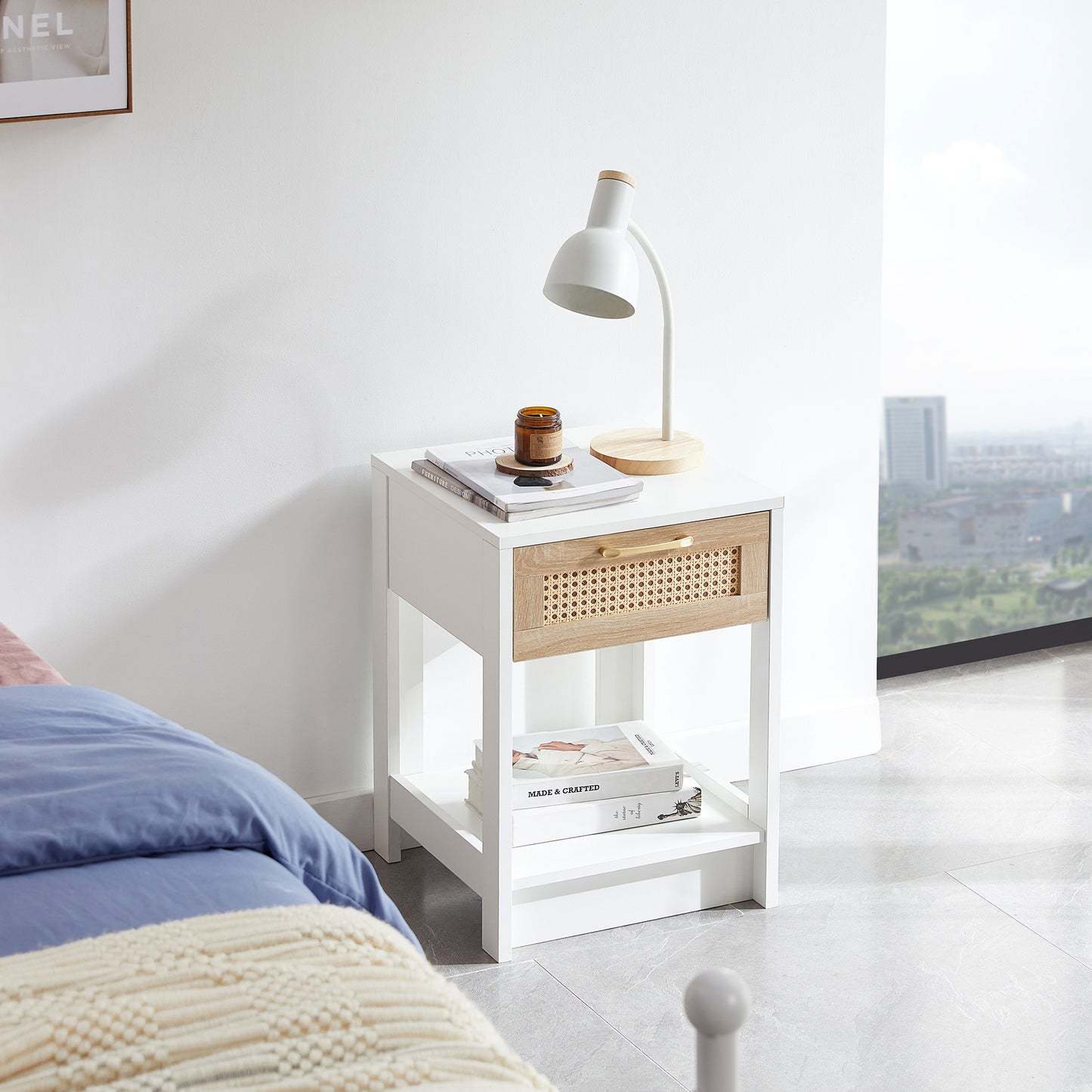 15.75" Rattan End table with drawer, Modern nightstand, side table for living room, bedroom,white image 2