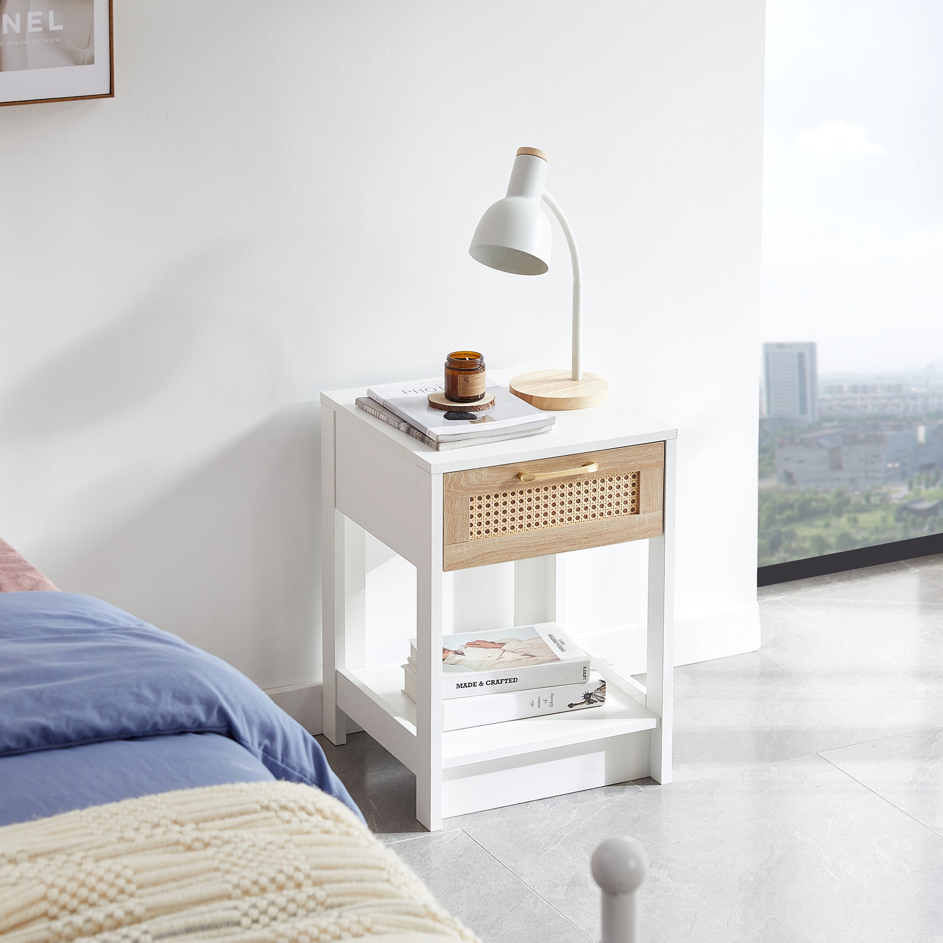 15.75" Rattan End table with drawer, Modern nightstand, side table for living room, bedroom,white image 2
