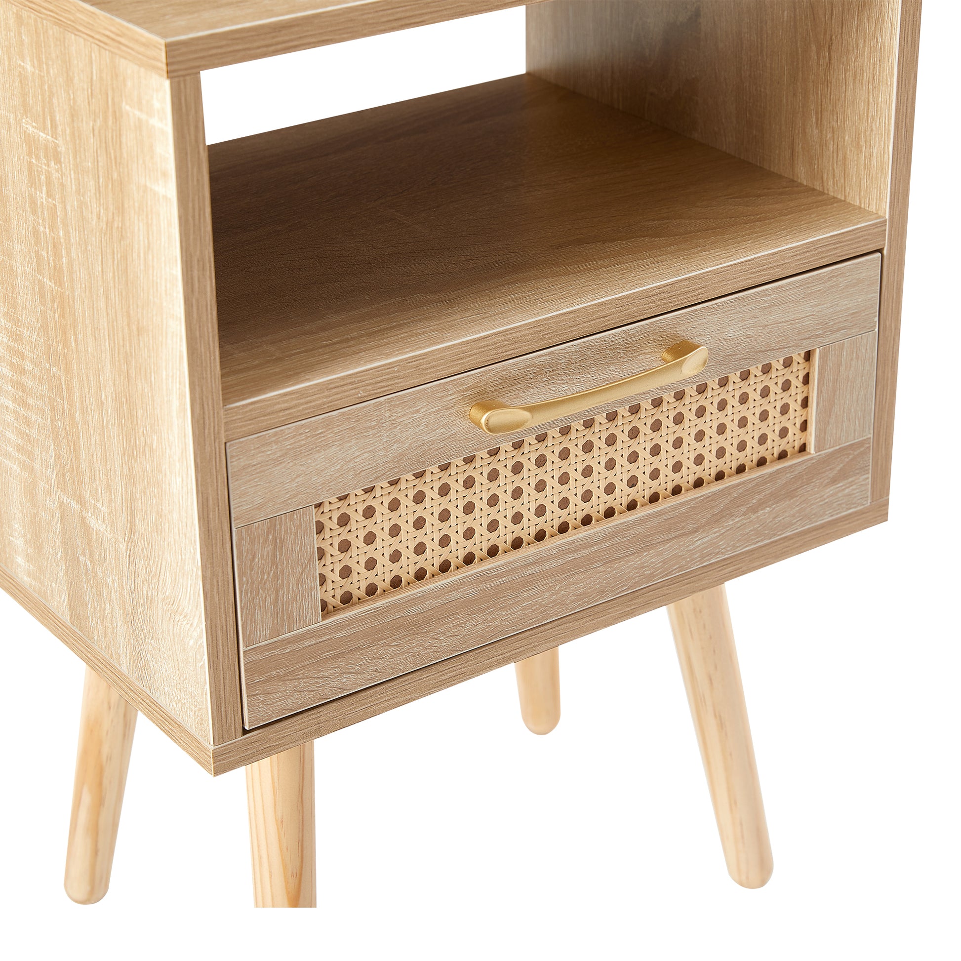 15.75" Rattan End table with drawer and solid wood legs, Modern nightstand, side table for living room, bedroom,natural image 12