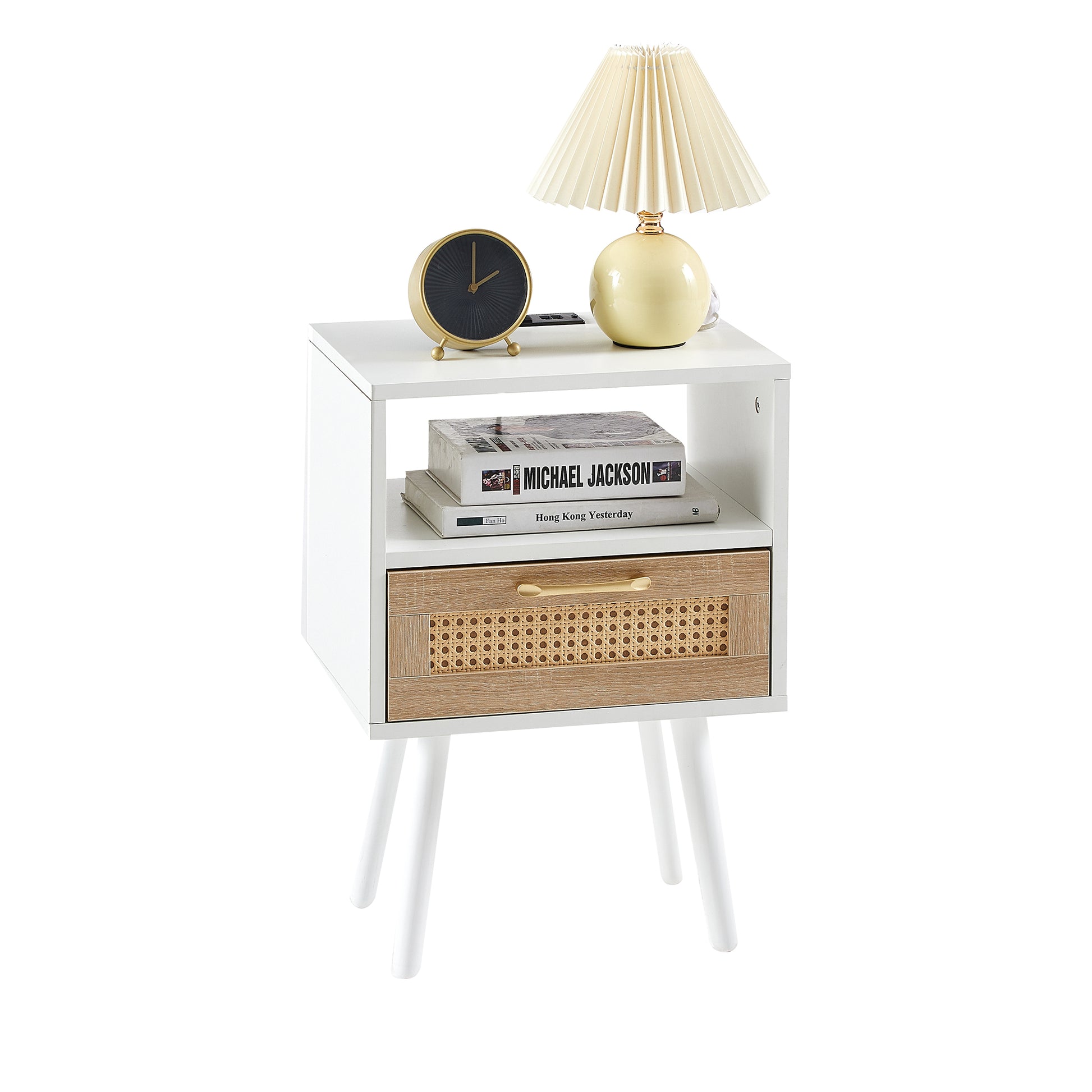 15.75" Rattan End table with Power Outlet & USB Ports, Modern nightstand with drawer and solid wood legs, side table for living room, bedroom, white image 6