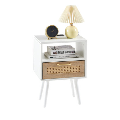 15.75" Rattan End table with Power Outlet & USB Ports, Modern nightstand with drawer and solid wood legs, side table for living room, bedroom, white image 6