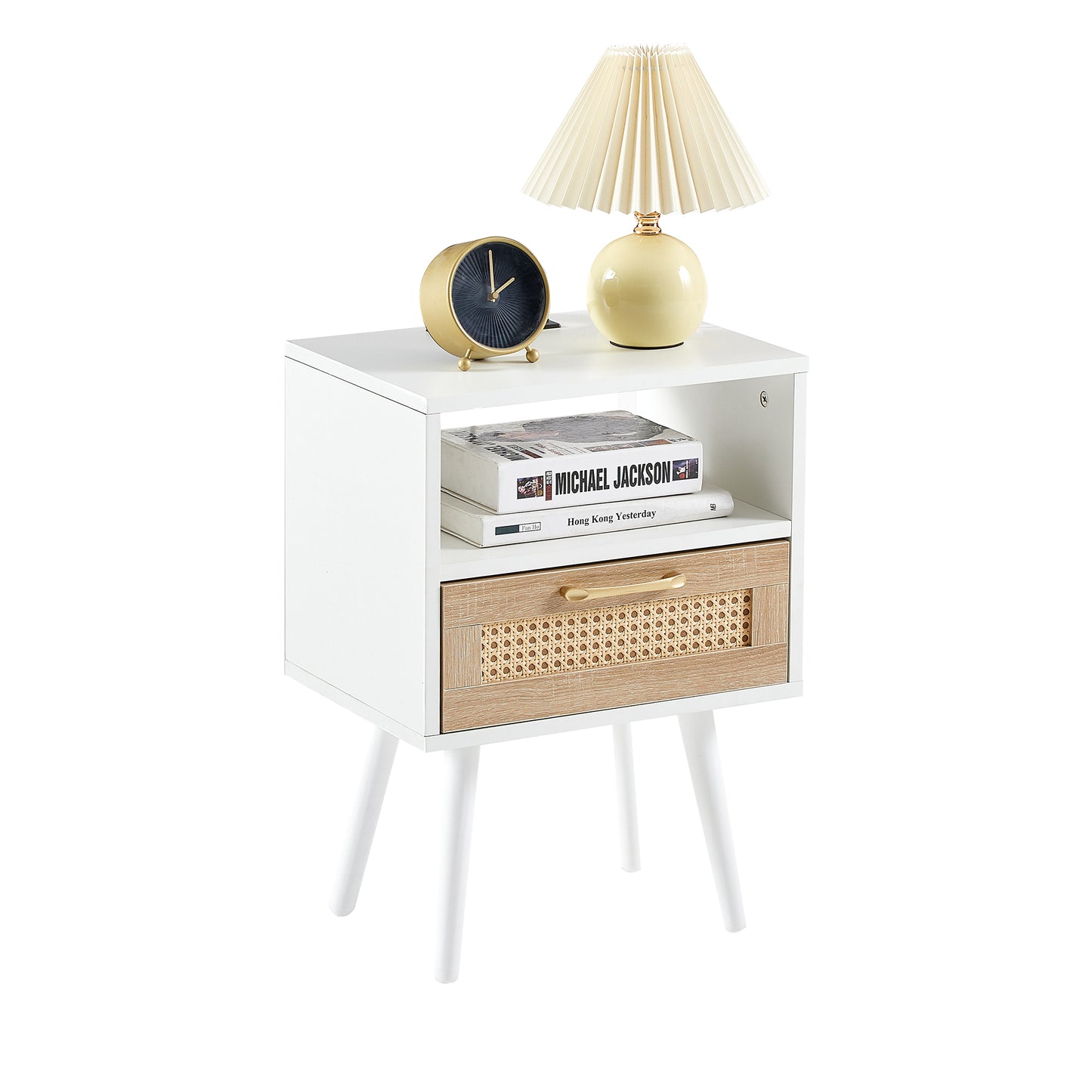 15.75" Rattan End table with Power Outlet & USB Ports, Modern nightstand with drawer and solid wood legs, side table for living room, bedroom, white image 5