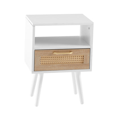 15.75" Rattan End table with drawer and solid wood legs, Modern nightstand, side table for living room, bedroom, white image 8