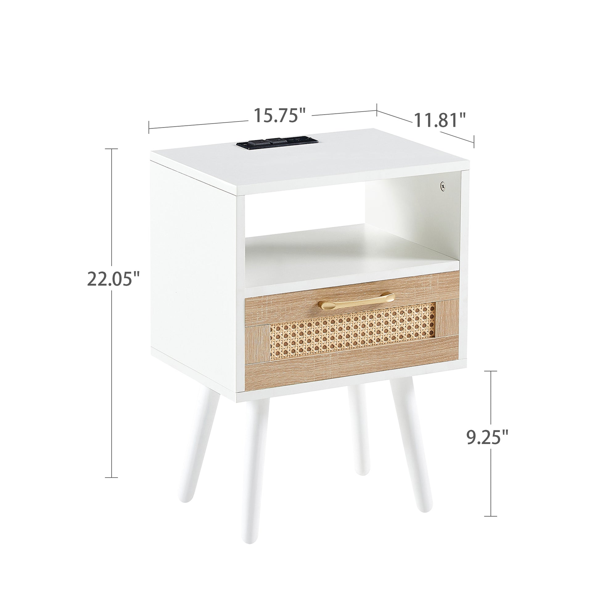 15.75" Rattan End table with Power Outlet & USB Ports, Modern nightstand with drawer and solid wood legs, side table for living room, bedroom, white image 3