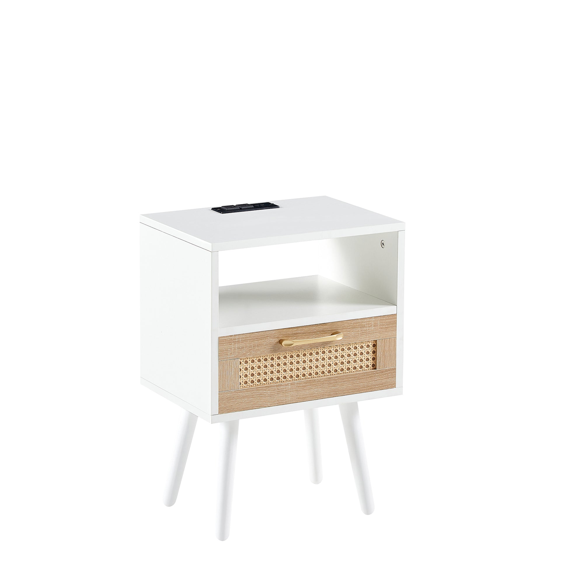 15.75" Rattan End table with Power Outlet & USB Ports, Modern nightstand with drawer and solid wood legs, side table for living room, bedroom, white image 9