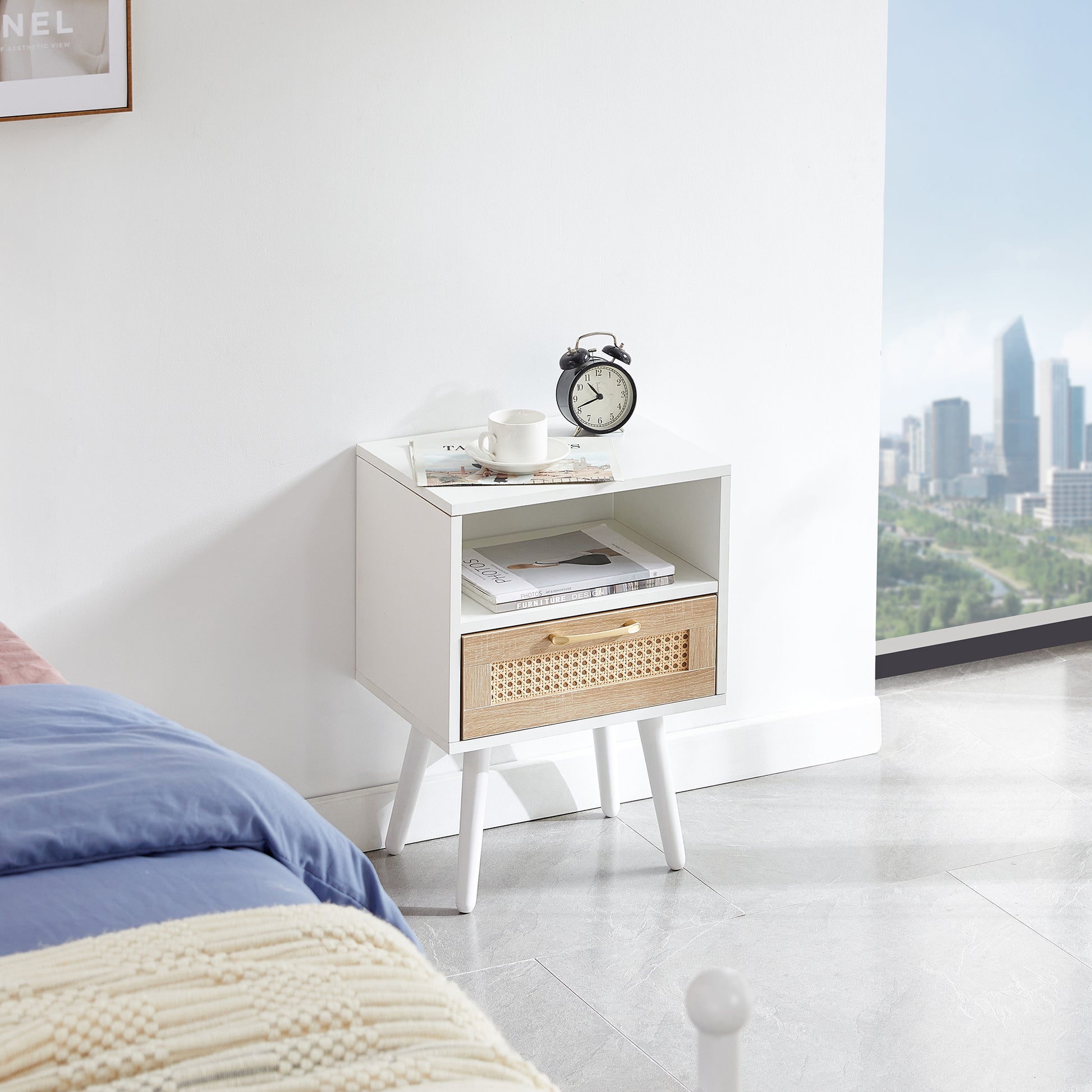 15.75" Rattan End table with drawer and solid wood legs, Modern nightstand, side table for living room, bedroom, white image 2