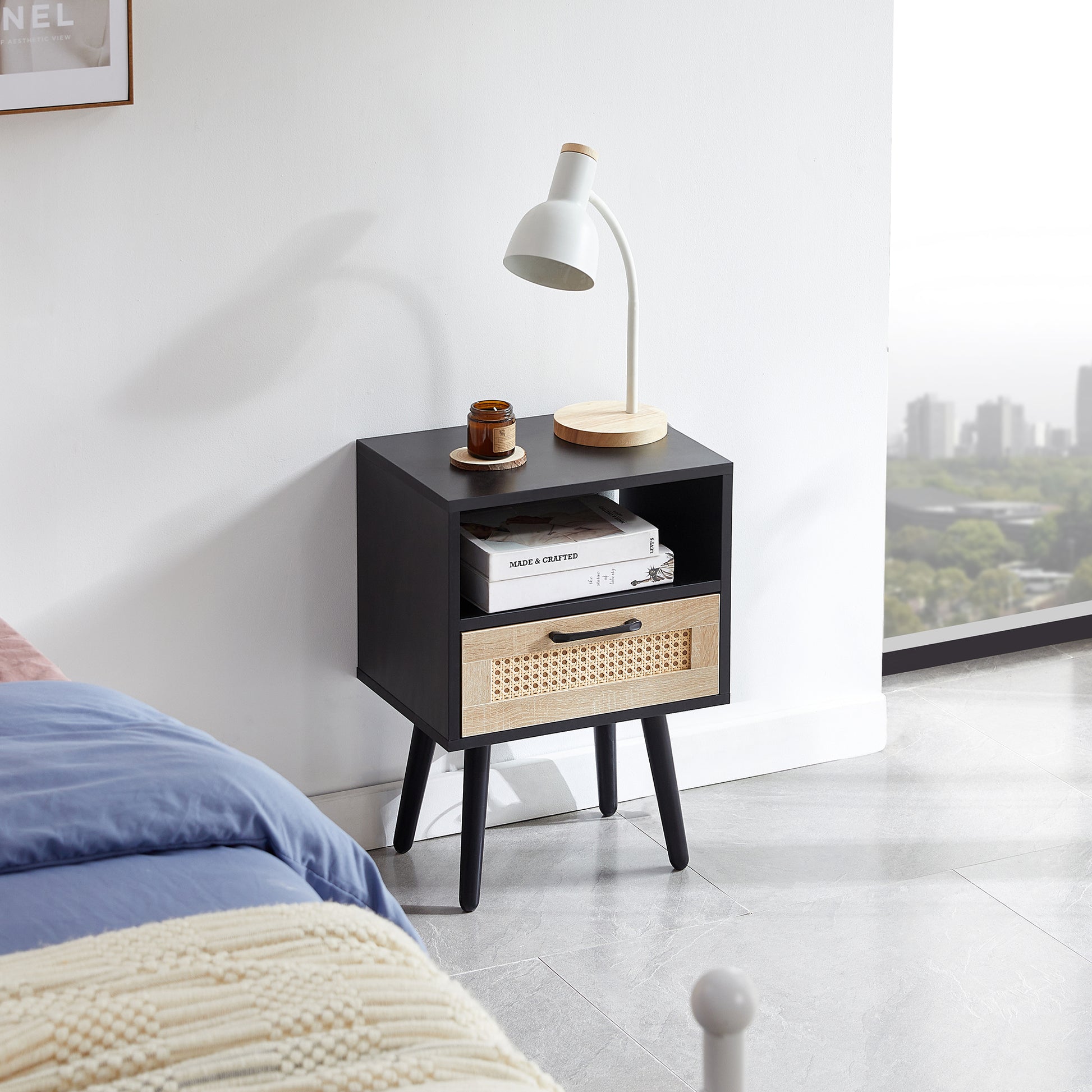 15.75" Rattan End table with drawer and solid wood legs, Modern nightstand, side table for living room, bedroom, black image 2