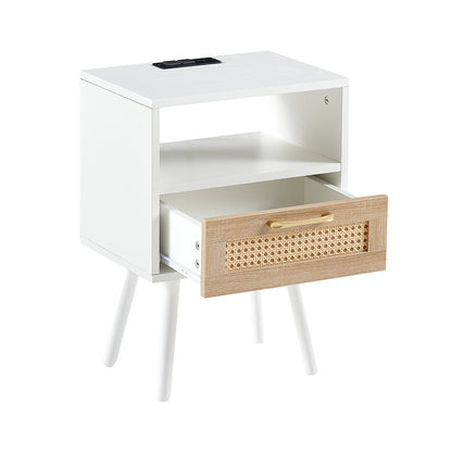 15.75" Rattan End table with Power Outlet & USB Ports, Modern nightstand with drawer and solid wood legs, side table for living room, bedroom, white image 10