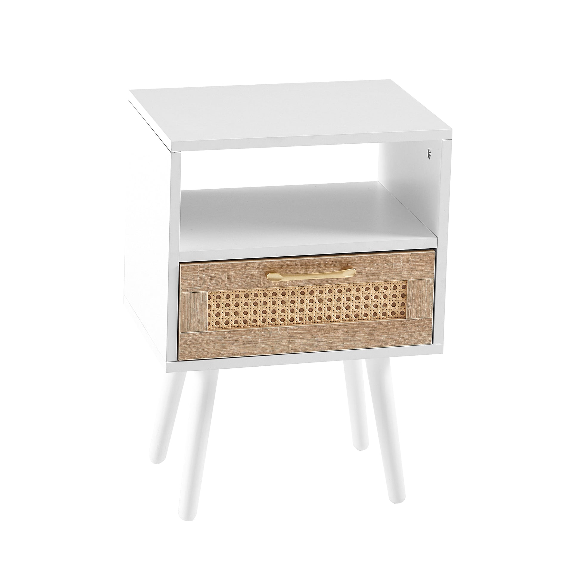 15.75" Rattan End table with drawer and solid wood legs, Modern nightstand, side table for living room, bedroom, white image 9
