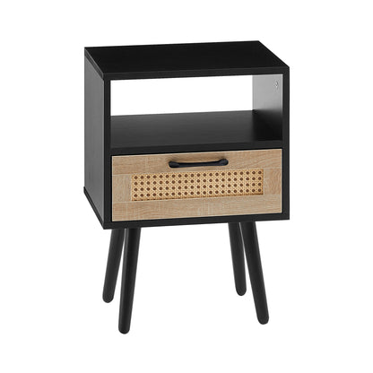 15.75" Rattan End table with drawer and solid wood legs, Modern nightstand, side table for living room, bedroom, black image 7