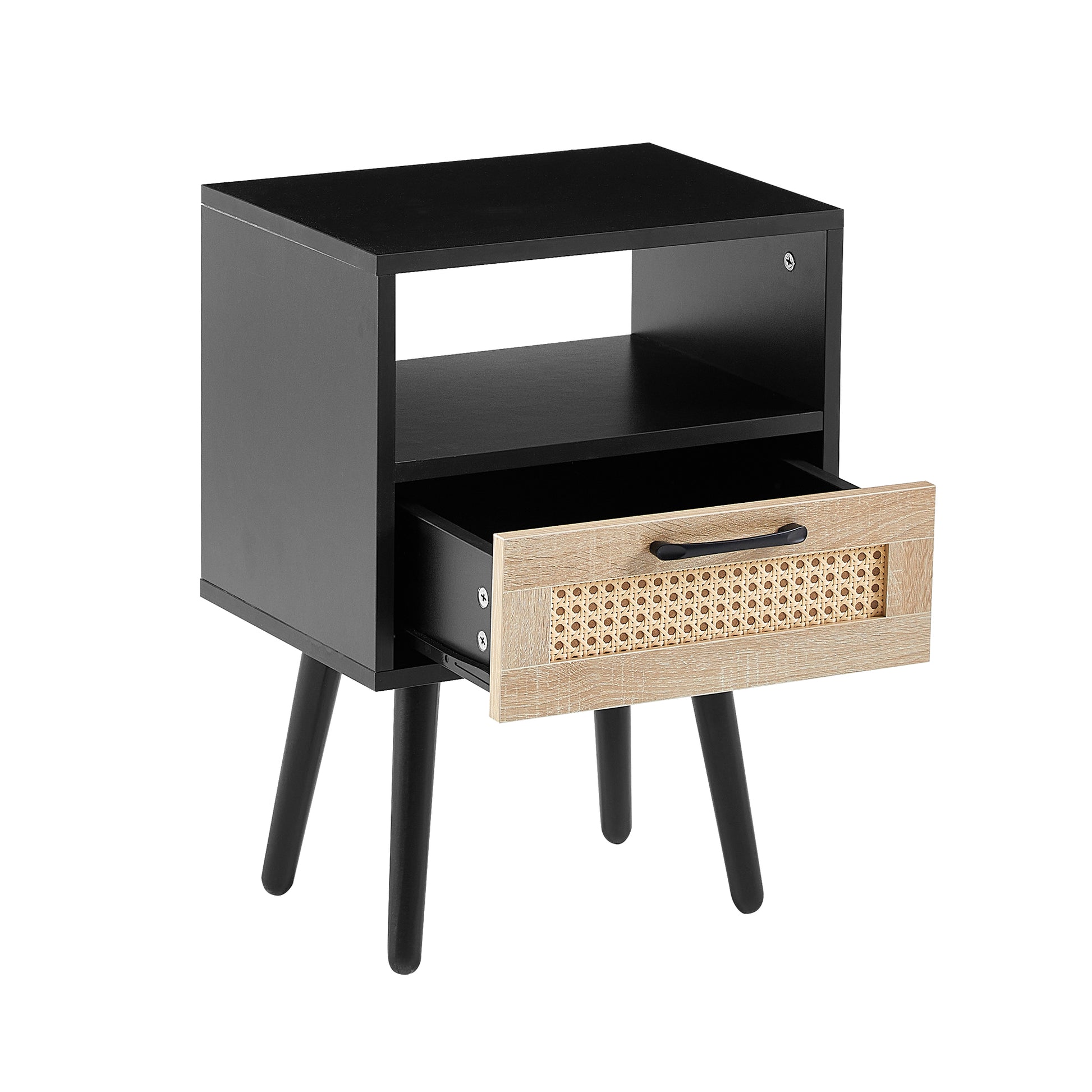 15.75" Rattan End table with drawer and solid wood legs, Modern nightstand, side table for living room, bedroom, black image 12