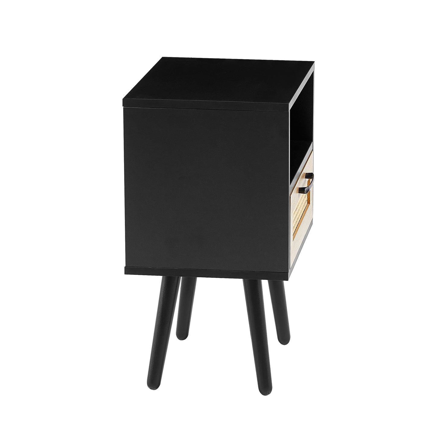 15.75" Rattan End table with drawer and solid wood legs, Modern nightstand, side table for living room, bedroom, black image 10