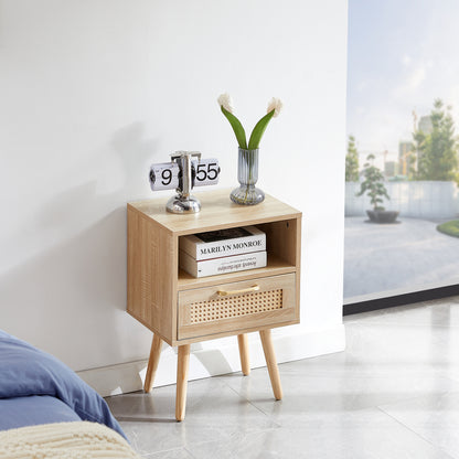 15.75" Rattan End table with drawer and solid wood legs, Modern nightstand, side table for living room, bedroom,natural image 1