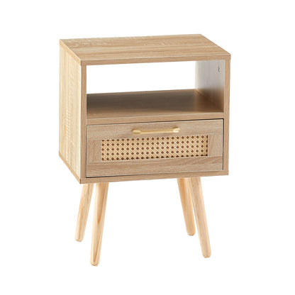 15.75" Rattan End table with drawer and solid wood legs, Modern nightstand, side table for living room, bedroom,natural image 7