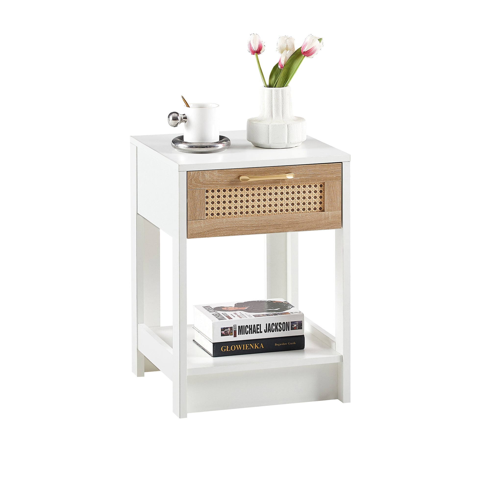15.75" Rattan End table with drawer, Modern nightstand, side table for living room, bedroom,white image 5
