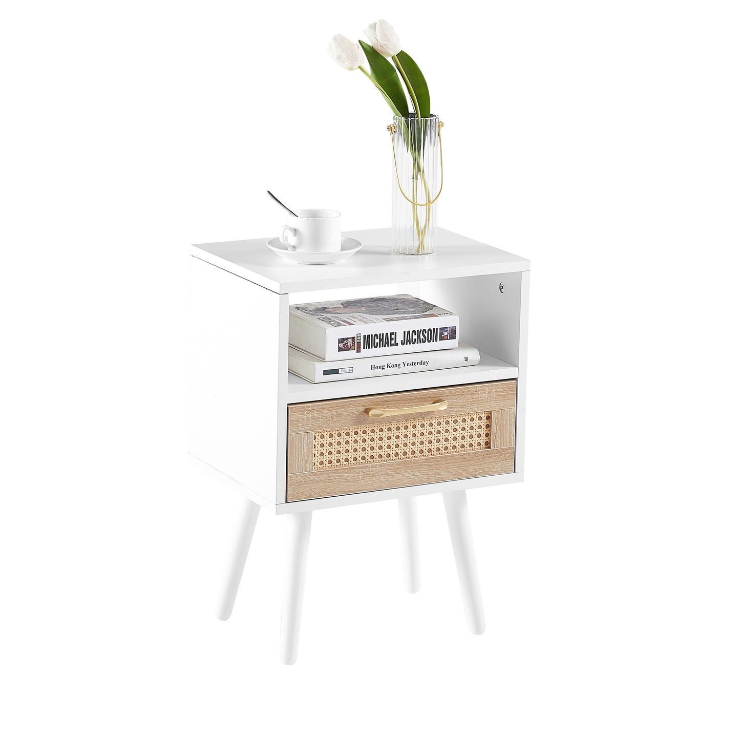 15.75" Rattan End table with drawer and solid wood legs, Modern nightstand, side table for living room, bedroom, white image 6