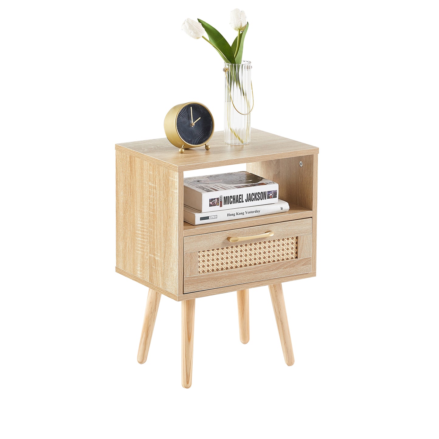 15.75" Rattan End table with drawer and solid wood legs, Modern nightstand, side table for living room, bedroom,natural image 2