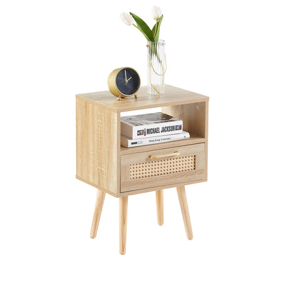 15.75" Rattan End table with drawer and solid wood legs, Modern nightstand, side table for living room, bedroom,natural image 2