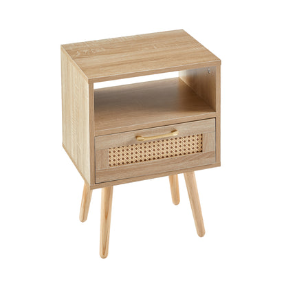 15.75" Rattan End table with drawer and solid wood legs, Modern nightstand, side table for living room, bedroom,natural image 6