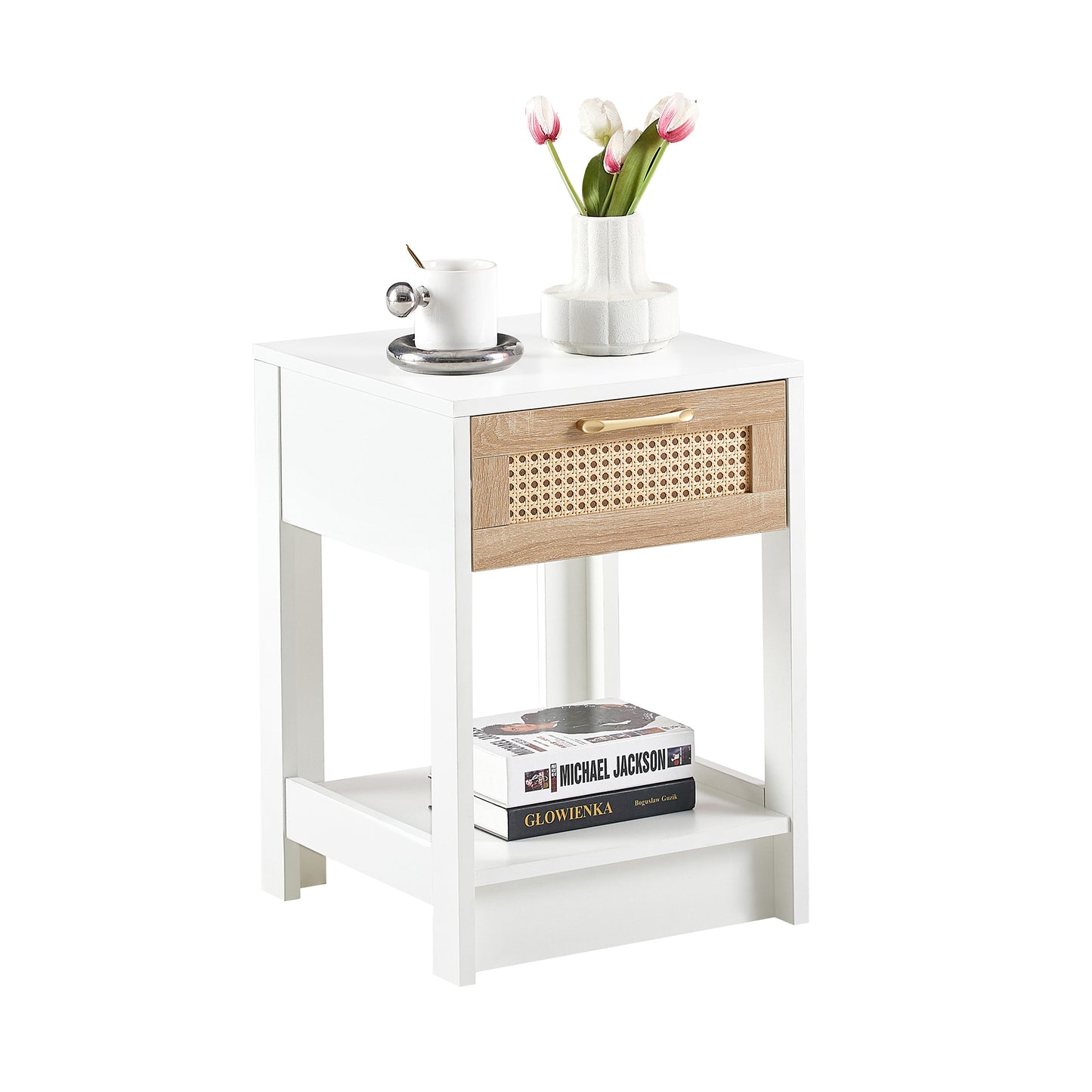 15.75" Rattan End table with drawer, Modern nightstand, side table for living room, bedroom,white image 6