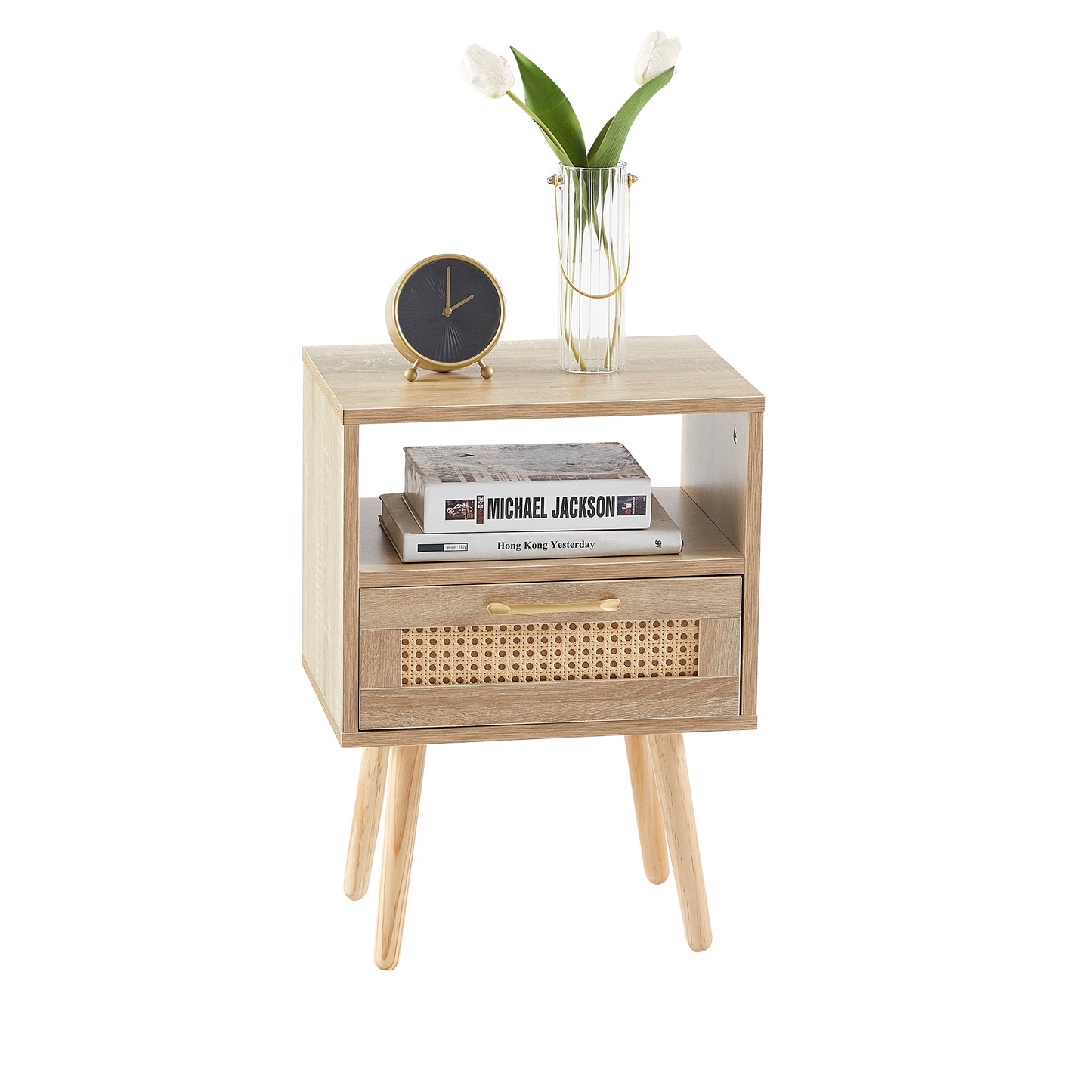 15.75" Rattan End table with drawer and solid wood legs, Modern nightstand, side table for living room, bedroom,natural image 5