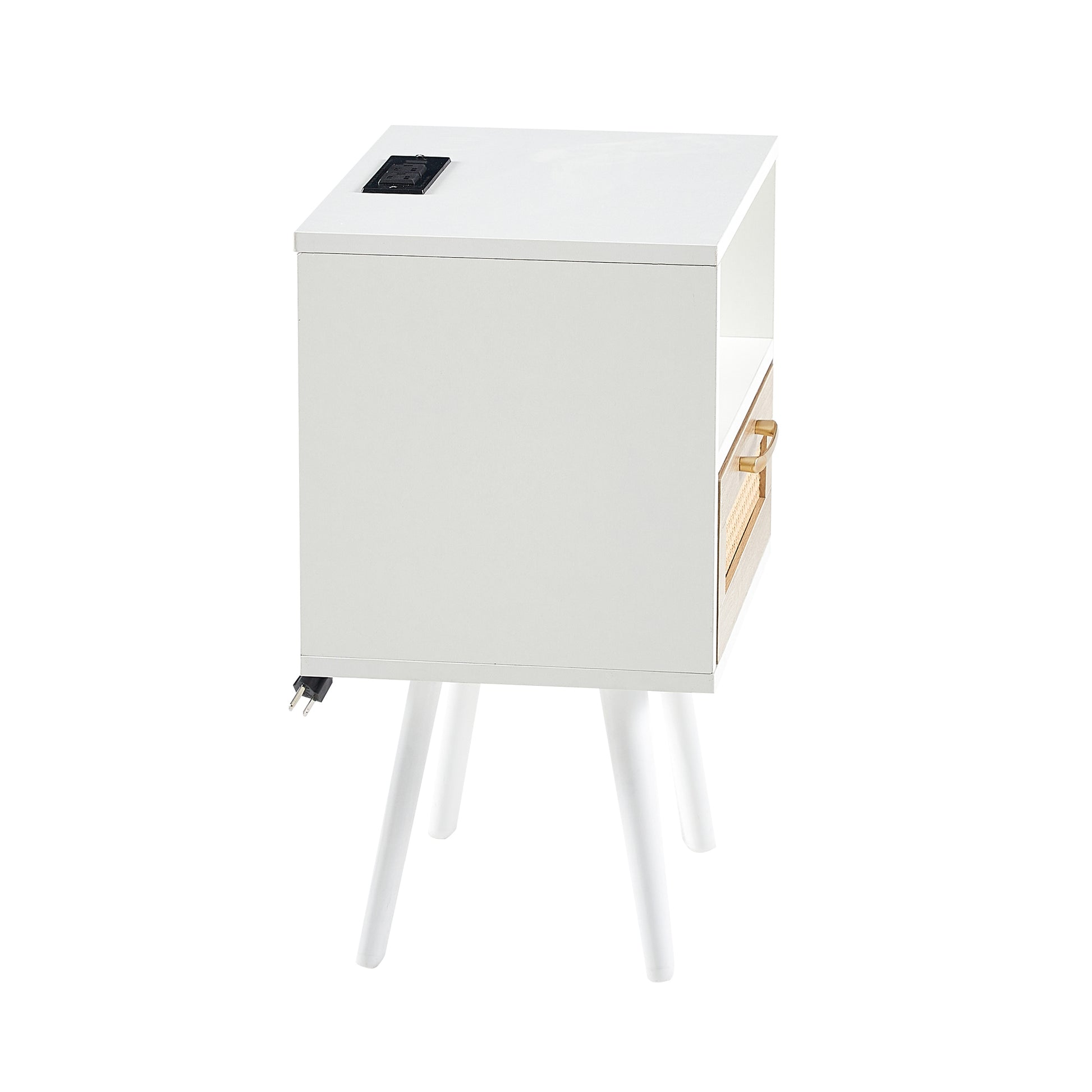15.75" Rattan End table with Power Outlet & USB Ports, Modern nightstand with drawer and solid wood legs, side table for living room, bedroom, white image 11